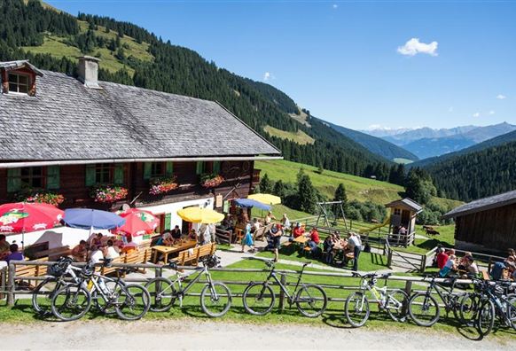A cozy cabin in the mountains with many guests outdoors. Bicycles are neatly parked against a railing while the sun is shining.