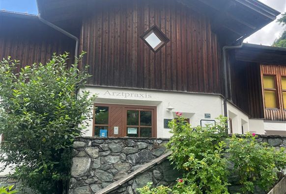 Ein gemütliches Holzhaus mit einem Steinmauer und grünen Büschen. Der Himmel ist teilweise bewölkt.