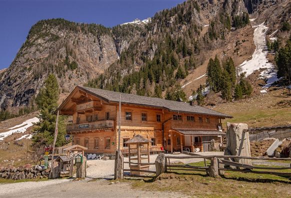 Ein traditionelles Holzhaus vor einer beeindruckenden Berglandschaft. Die Umgebung zeigt grüne Wiesen und schneebedeckte Gipfel.