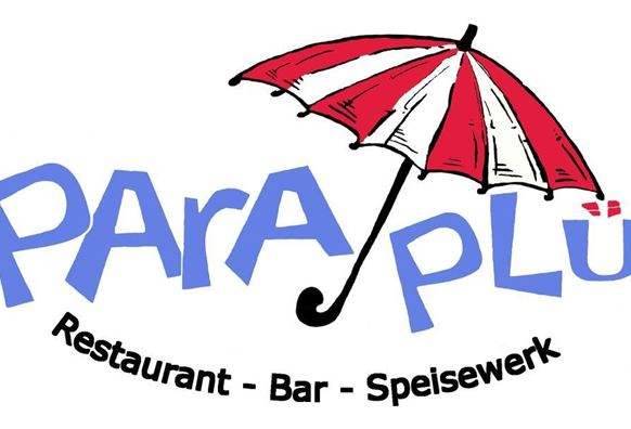 Ein Logo für das Restaurant „Paraplü“ mit einer roten und weißen Regenschirmgrafik. Das Logo hebt die Kategorien „Restaurant - Bar - Speisewerk“ hervor.