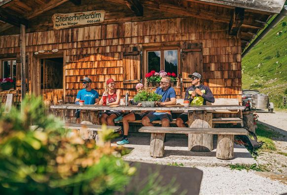 A group of five people is sitting at a wooden table in front of a rustic cabin in the mountains. The surroundings are green and sunny, with flowers and a relaxed atmosphere.