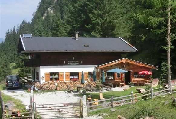 Eine gemütliche Berghütte umgeben von schönen Bäumen. Der Außenbereich hat Tische und Stühle mit Sonnenschirmen.