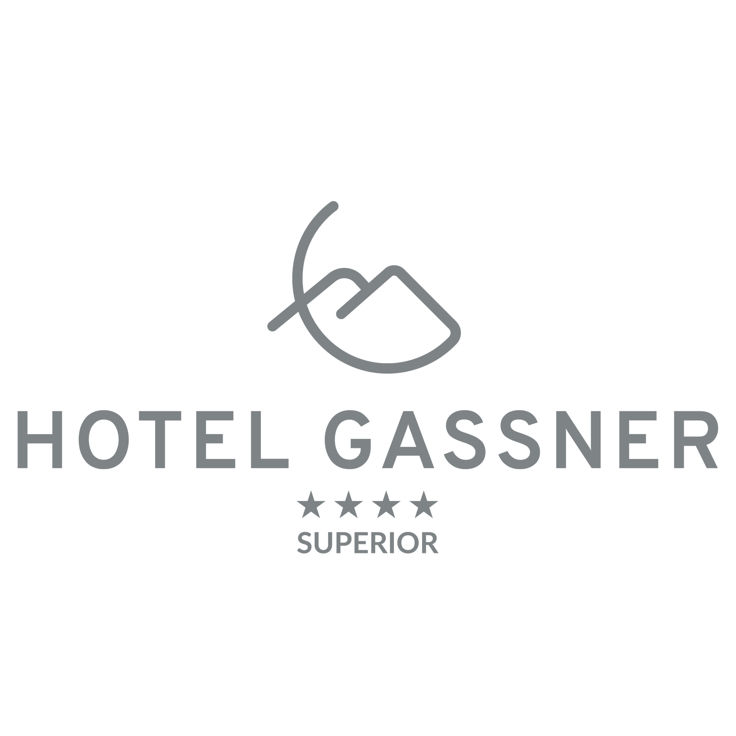 Een logo van hotel Gassnner met een modern lettertype. Het toont vier sterren en een minimalistisch bergsymbool.