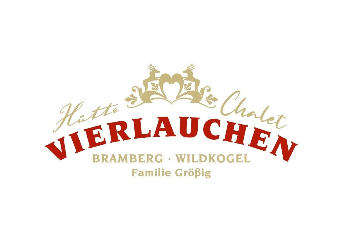 Ein Logo des Chalets „Vierlauchen“ in Bramberg. Es zeigt den Schriftzug in roten und goldenen Farben, umgeben von stilisierten grafischen Elementen.