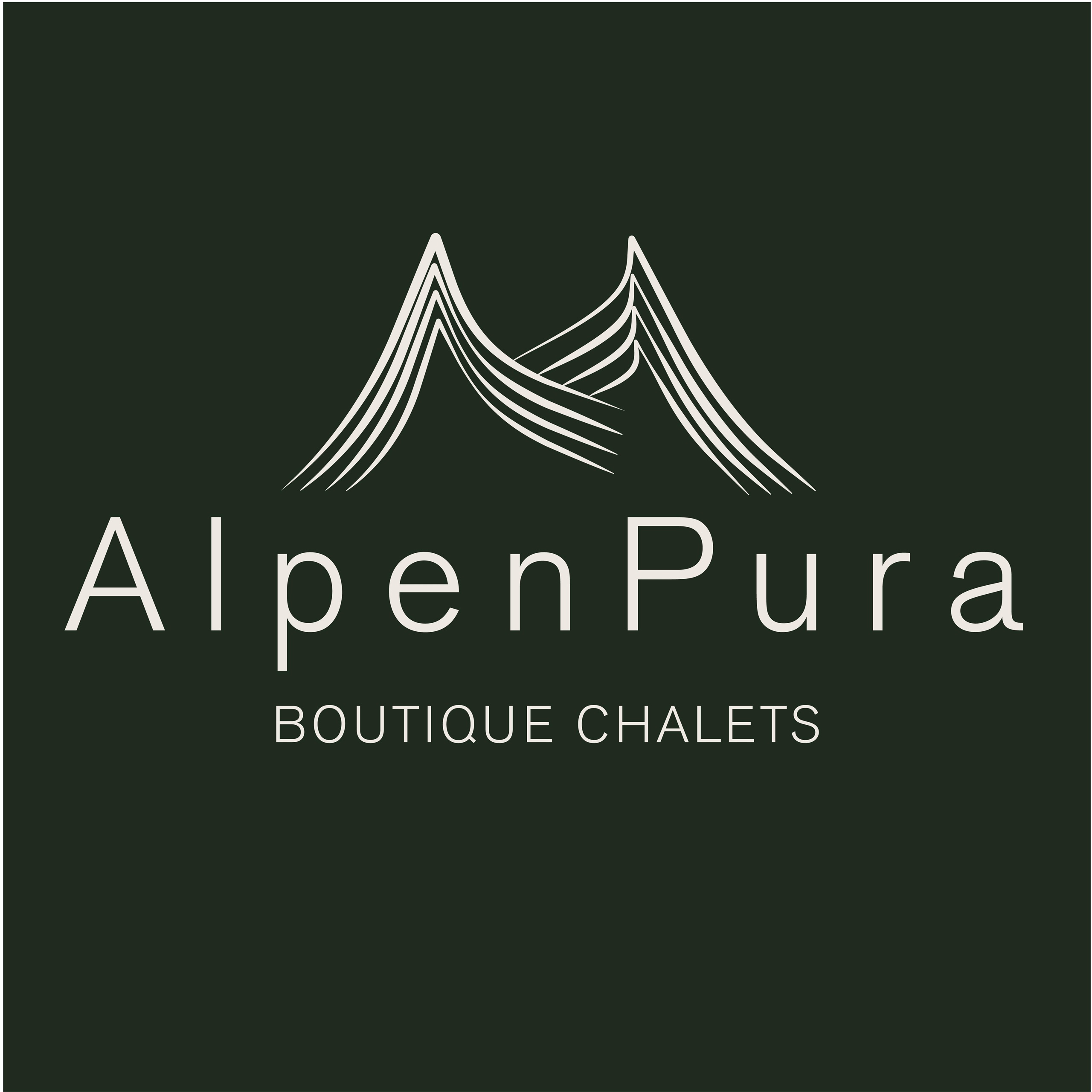 Ein einfaches Logo von AlpenPura mit stilisierten Berglinien. Darunter steht "BOUTIQUE CHALETS" in klarer Schrift.