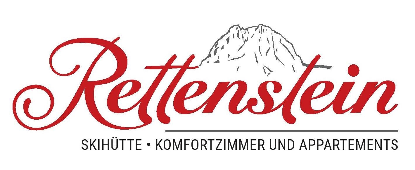 De afbeelding toont het logo van Rettenslein, een aanbieder van skihutten en appartementen. Het bevat de tekst en een gestileerde bergtekening.