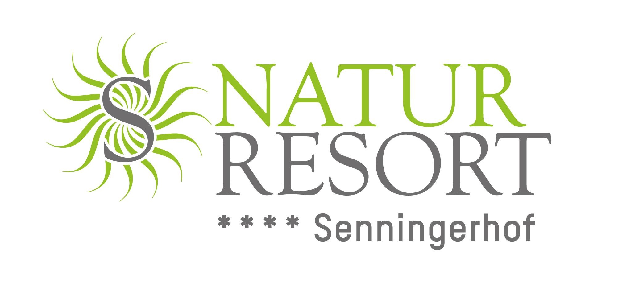A modern logo of the nature resort Senningerhof. It combines lettering in various shades of green with a stylized sun symbol.