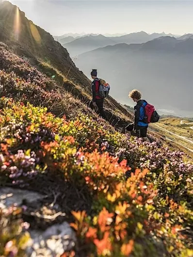 Twee wandelaars klimmen een bloeiende helling op. Het landschap is omgeven door kleurrijke bloemen en bergen, terwijl de zon op de achtergrond schijnt.