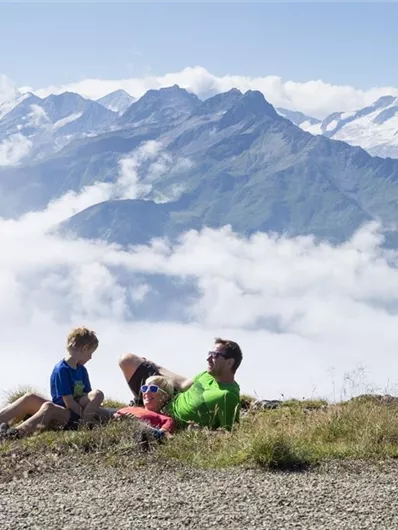 A family enjoys the view of the mountains. Children play and relax in nature.