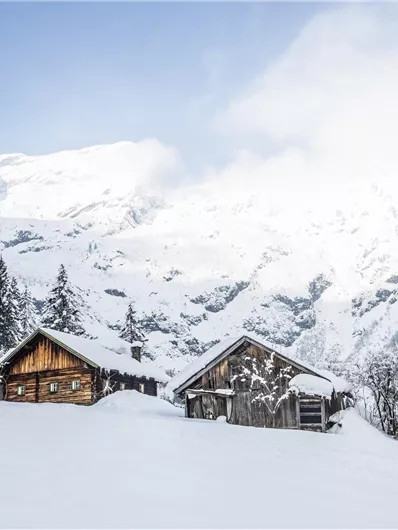 Eine winterliche Landschaft mit schneebedeckten Hütten. Im Hintergrund erheben sich majestätische Berge und grüne Tannen.
