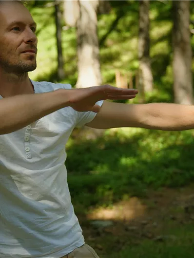 An impressive waterfall surrounded by trees and mist. A person stands on a rock and enjoys the view.