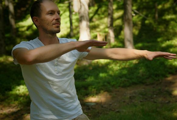 Ein beeindruckender Wasserfall umgeben von Bäumen und Nebel. Eine Person steht auf einem Felsen und genießt die Aussicht.