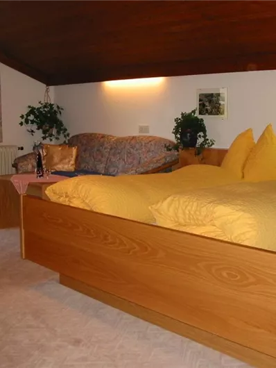 Een gezellige slaapkamer met een groot houten bed en gele kussens. In de kamer staan planten en een bank, evenals een raam met gordijnen.