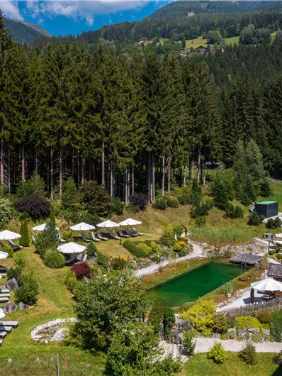 Ein schöner Garten mit einem Schwimmteich, umgeben von Bäumen. Im Hintergrund sind die Berge und ein klarer blauer Himmel zu sehen.