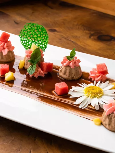 Ein kunstvoll angerichtetes Dessert auf einem weißen Teller. Es besteht aus Schokoladenmousse, frischen Früchten und dekorativen Elementen.