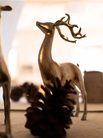 Zwei dekorative, goldene Rehfiguren stehen zwischen Tannenzapfen. Der Hintergrund ist sanft verschwommen und hell erleuchtet.