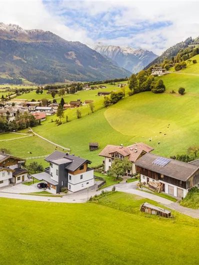 A picturesque landscape with green meadows and small houses. In the background, mountains with snow-capped peaks can be seen.