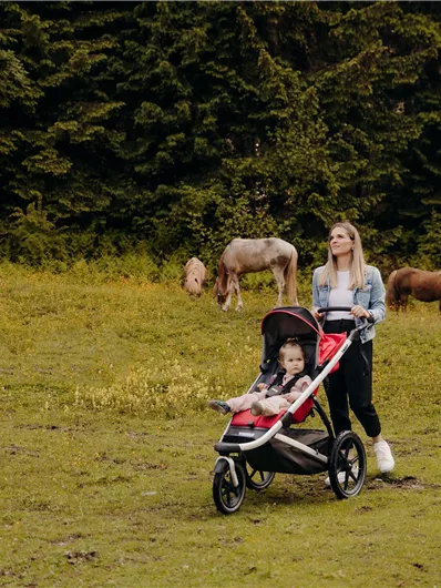 Eine Frau mit einem Kinderwagen spaziert über eine Wiese. Im Hintergrund grasen ein paar Pferde.