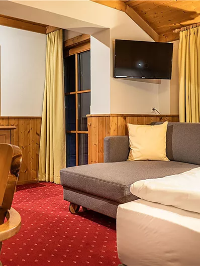 Ein gemütliches Zimmer mit Holzdecke und rotem Teppich. Es gibt ein Sofa, einen Fernseher und große Fenster mit Blick auf die Berge.