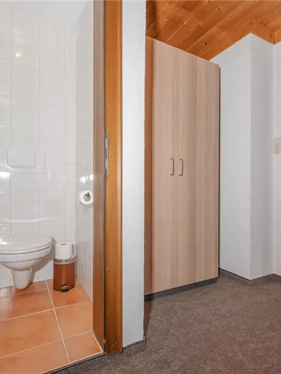 A small hallway with a door to a toilet and a cabinet. The walls are light, and the floor is covered with a carpet.