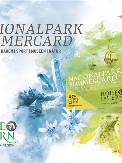 Een reclamebeeld voor de Nationalpark Sommercard met verschillende recreatiemogelijkheden. Op de achtergrond zijn natuurelementen en een kaart van de regio Hohe Tauern te zien.