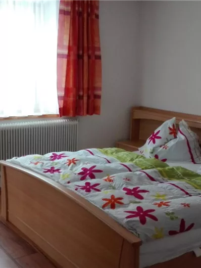 Een gezellige slaapkamer met een tweepersoonsbed en kleurrijke, bloeiende dekbedden. Het raam laat daglicht binnen en zorgt voor een heldere sfeer.