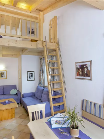 Een gezellige woonkamer met een houten plafond en een trap naar een open slaapzolder. De inrichting is helder en uitnodigend, met blauwe banken en een kleine plant op de tafel.