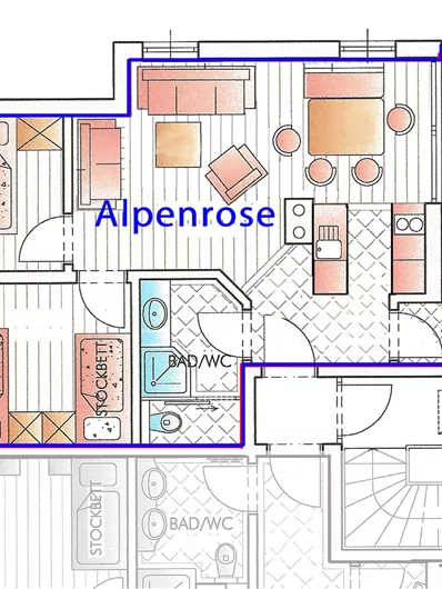 Een plattegrondtekening van een appartement genaamd "Alpenrose". De ruimtes zijn duidelijk gestructureerd met slaapkamers, een woonkamer, een keuken en twee badkamers.