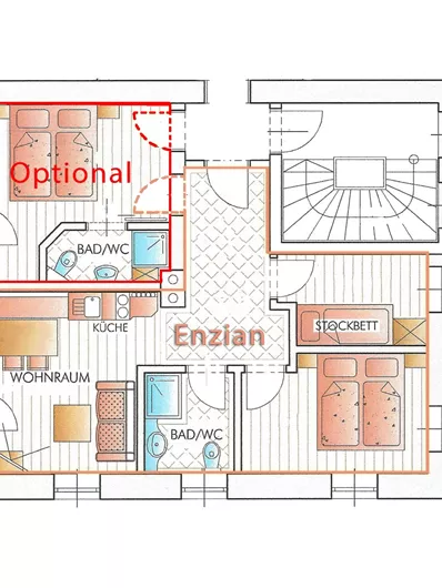 Een eenvoudige plattegrondtekening van een woonruimte met twee slaapkamers, keuken en badkamer. Een optioneel gebied is ook ingetekend.