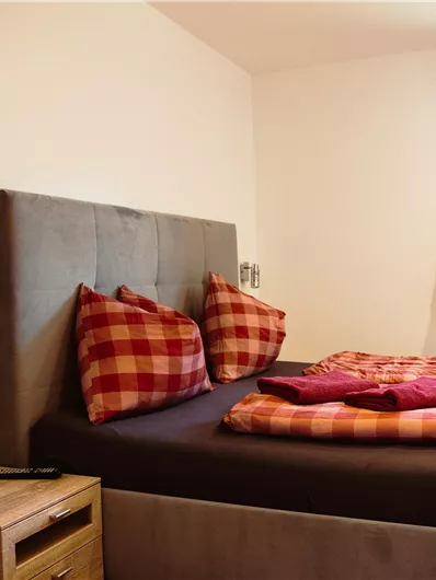 A cozy bedroom with a large bed and checkered pillows. The walls are light, and a window provides daylight.
