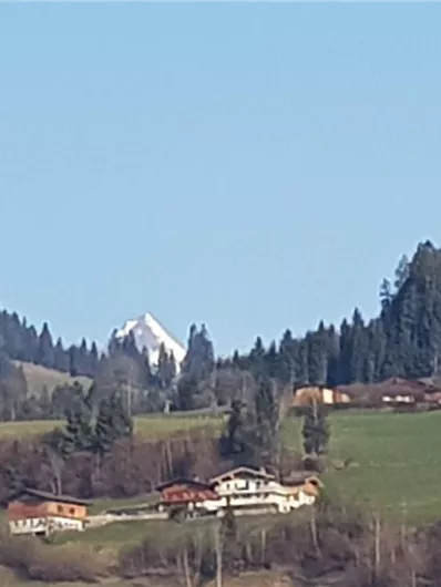 Eine malerische Landschaft mit sanften Hügeln und charmanten Häusern. Im Hintergrund sind schneebedeckte Berge und dichte Wälder zu sehen.