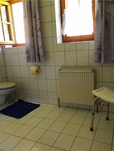 Een lichte badkamer met douche, toilet en ramen. De wanden zijn betegeld en er is een kleine zitgelegenheid aanwezig.