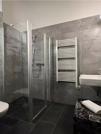 Ein modernes Badezimmer mit einer begehbaren Dusche und eleganten Fliesen. Der Raum enthält ein Waschbecken, eine Toilette und eine Dekoration an der Wand.