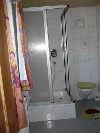 Ein Badezimmer mit einer Dusche und einer Toilette. Bunte Duschvorhänge und ein grüner Badeteppich verleihen dem Raum Farbe.