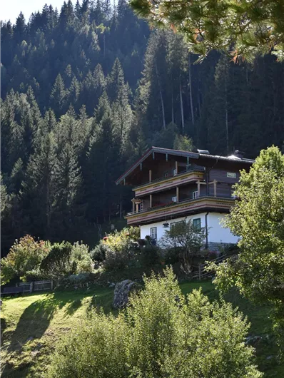 Ein schönes Haus umgeben von Bäumen in den Bergen. Die Landschaft ist grün und friedlich.