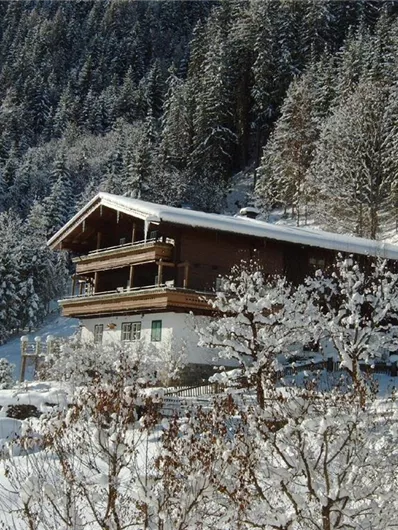 Ein rustikales Holzhaus im Schnee, umgeben von verschneiten Bäumen. Die Winterlandschaft strahlt Ruhe und Gemütlichkeit aus.