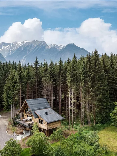 Een mooi houten huis ligt aan de rand van het bos met hoge bomen en bergen op de achtergrond. Het landschap is groen en schilderachtig, ideaal voor een rustige toevluchtsoord.