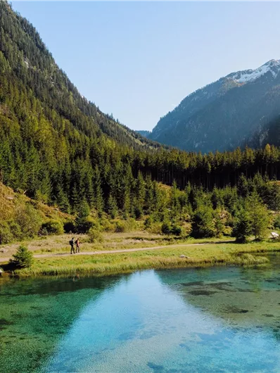 A picturesque landscape with a clear lake and gentle hills. In the background, majestic mountains and dense forests rise up.