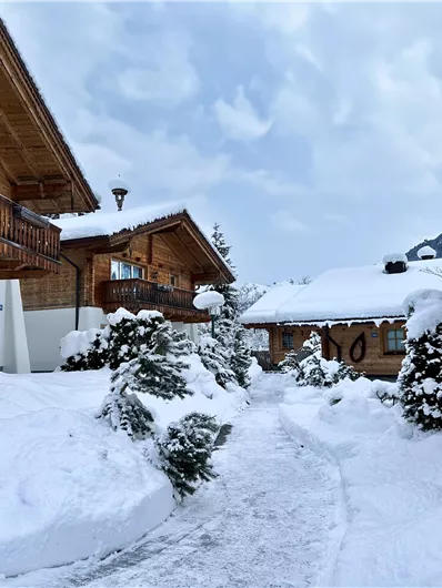Eine verschneite Landschaft mit Holzchalets und schneebedeckten Bäumen. Der Himmel ist bewölkt und vermittelt eine ruhige Winteratmosphäre.