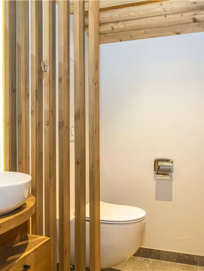 Een moderne badkamer met houten elementen. Het beschikt over een wastafel, een toilet en een heldere, vriendelijke sfeer.