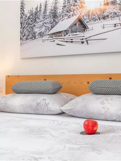 Een gezellige slaapkamer met een tweepersoonsbed en twee kussens. Op het bed liggen appels en op de achtergrond is een winterlandschap te zien.