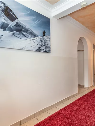 Een heldere gang met een rode loper en een plant. Aan de muur hangt een afbeelding van een sneeuwlandschap.