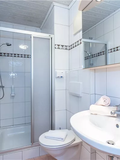 Een moderne badkamer met een douche en een wastafel. De muren zijn licht betegeld, en er zijn handdoeken en een wandverwarming.