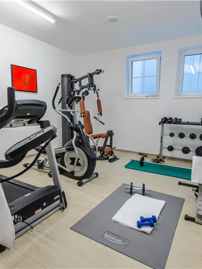 Ein gut ausgestatteter privater Fitnessraum mit verschiedenen Trainingsgeräten. Der Raum ist hell und modern gestaltet.