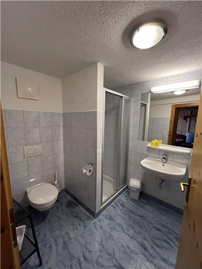 A modern bathroom with a shower cabin, a sink, and a toilet. The walls are brightly tiled, and the floor has an appealing carpet look.