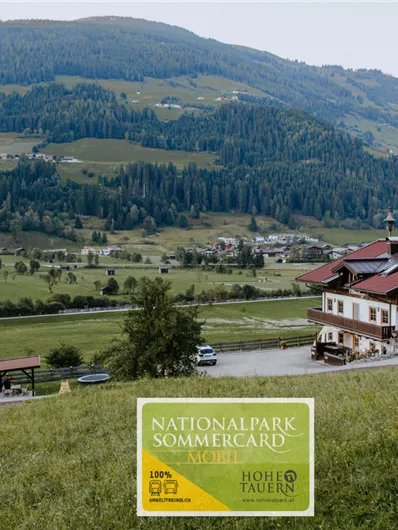 Eine malerische Landschaft mit sanften Hügeln und einem traditionellen Bauernhaus. Im Vordergrund steht eine Wiese, während im Hintergrund die Berge sichtbar sind.