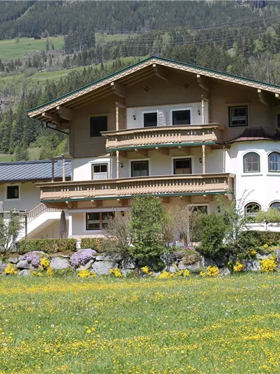 Een typisch Alpenhuis omringd door weiden en bergen. De bloemen bloeien in levendige kleuren en de lucht is helder en zonnig.