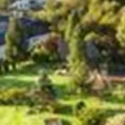 Een schilderachtig landschap met groene weilanden en bomen. Op de achtergrond zijn huizen en bergen te zien.