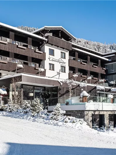 A beautiful hotel in the mountains, surrounded by snow-covered trees. The clear blue sky completes the winter landscape.