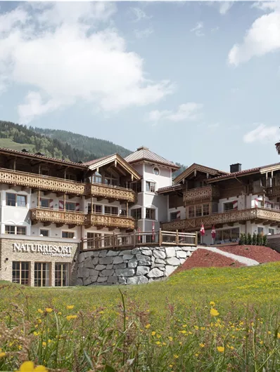 A charming mountain hotel with traditional architecture amidst a green meadow. The landscape is surrounded by gentle hills and a blue sky.